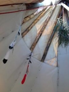 Feathers and mesquite mistletoe inside the Prayer Tipi. 